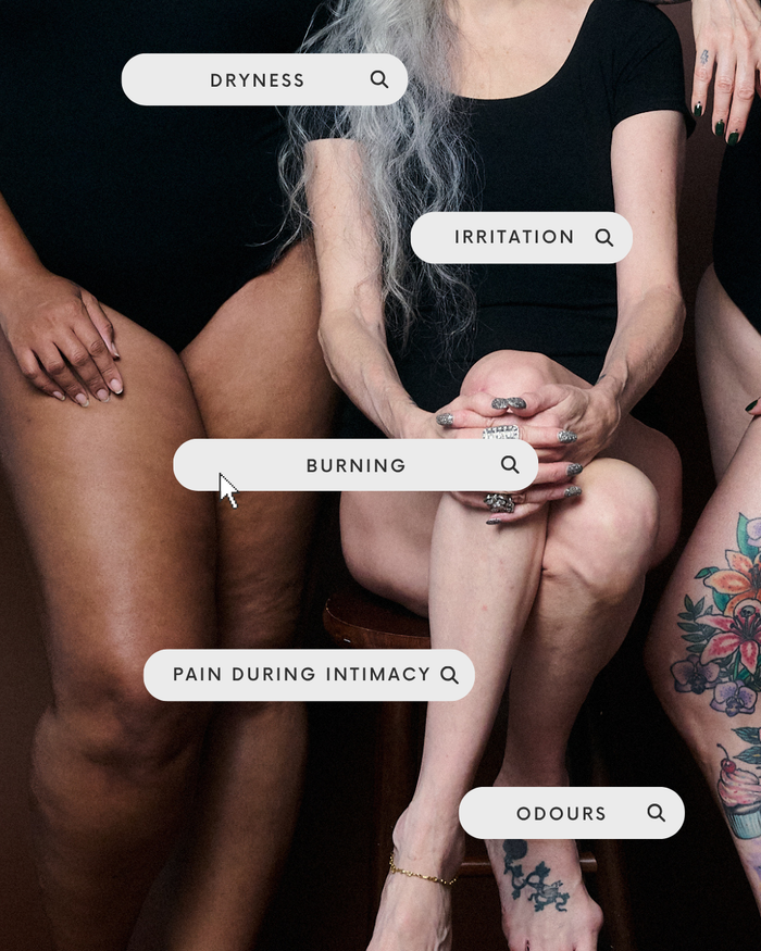 A close-up photo of a seated person with bare legs and hands, overlaid with search-style labels reading DRYNESS, IRRITATION, BURNING, PAIN DURING INTIMACY, and ODOURS.